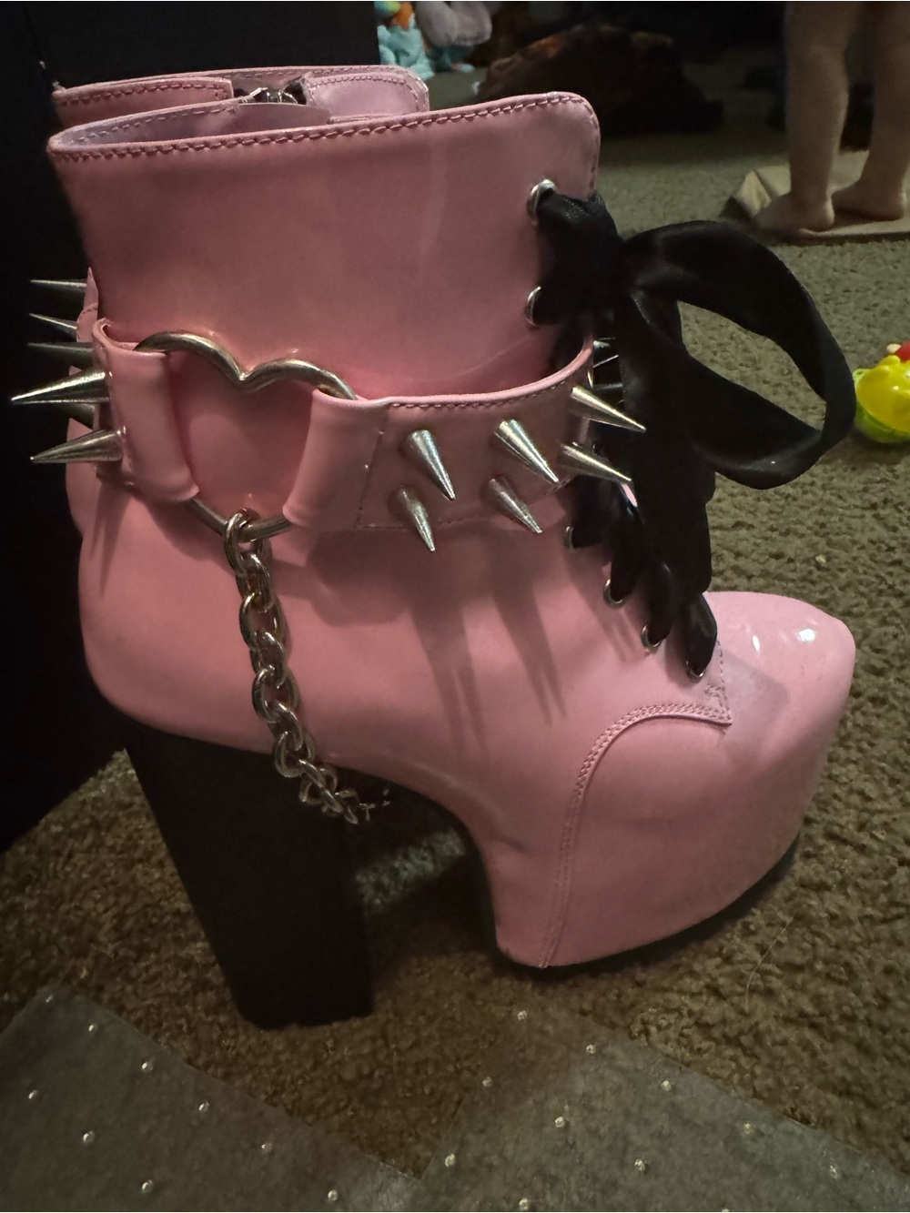 Dolls Kill Pink Patent Platform Lace-Up Boots with Black Ribbon Laces - Picture 2 of 6